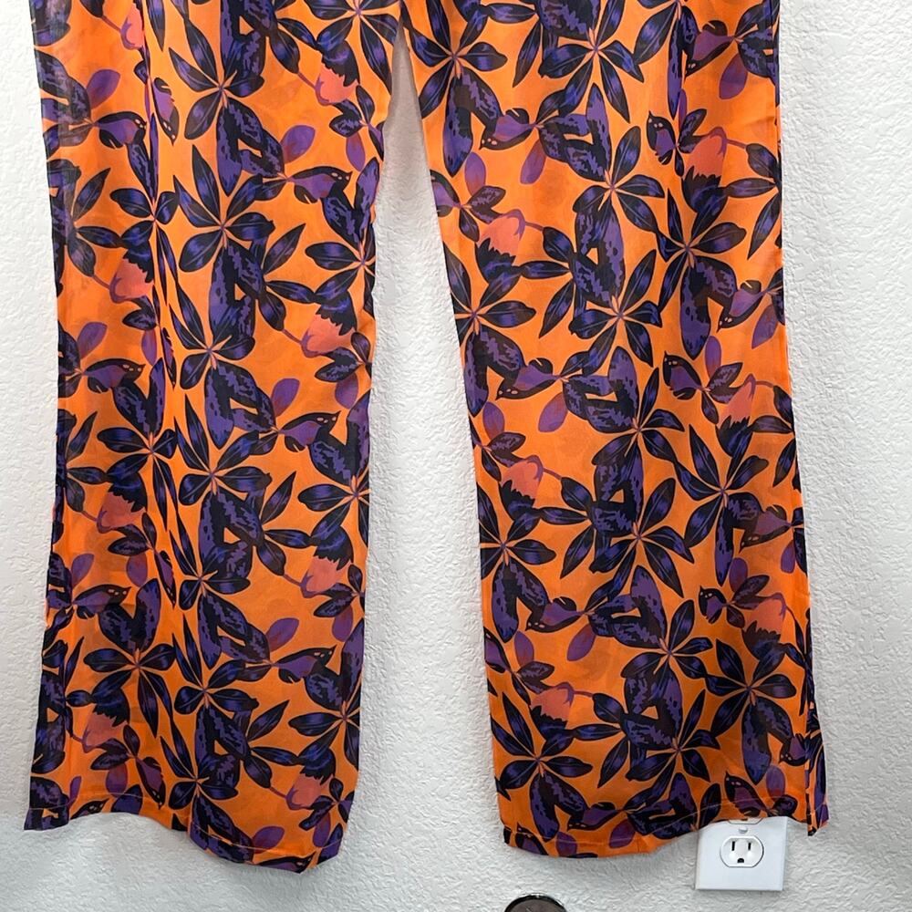 PrettyLittleThing Orange Tropical High Rise Sheer Flare Beach Pants 14  NWT - Picture 9 of 12